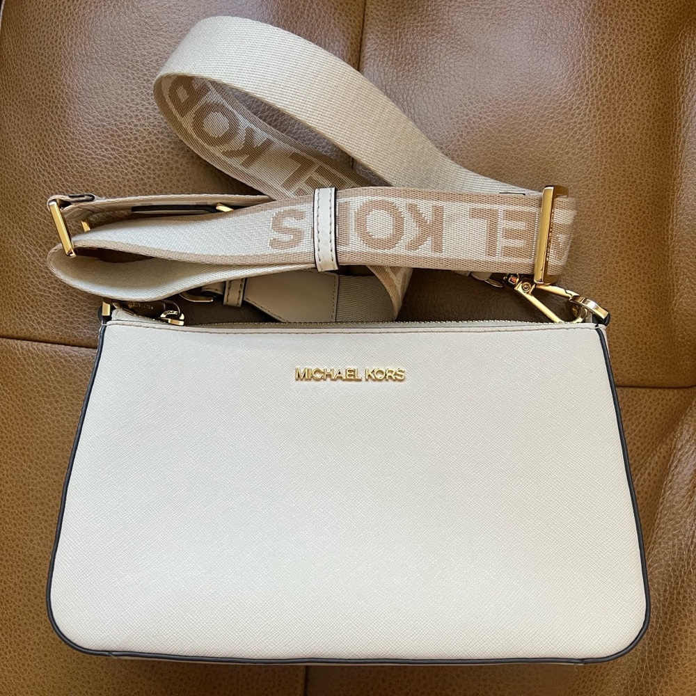 Michael Kors Cream and Tan Crossbody Bag with Branded Strap